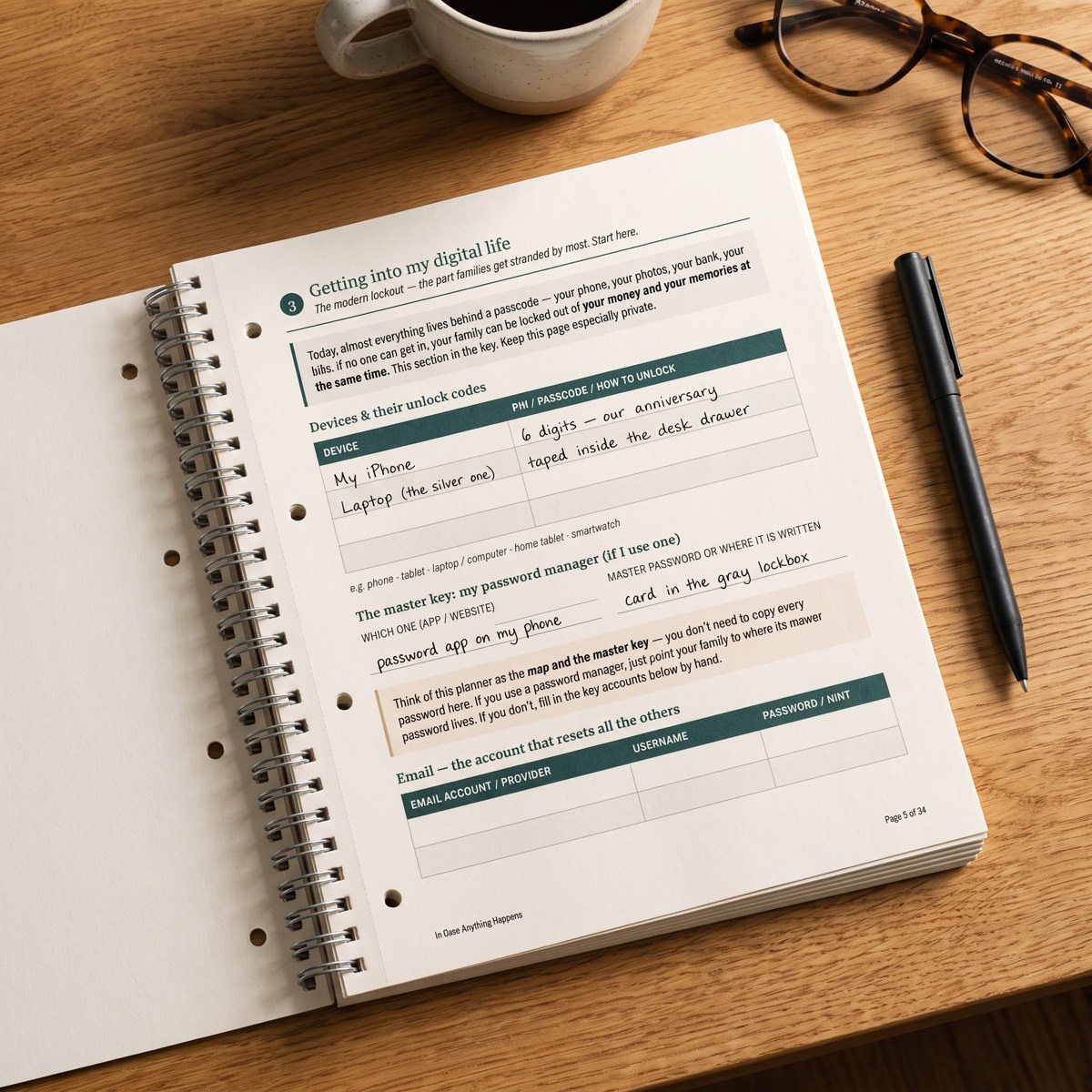 The planner open and filled in by hand — the digital access page with devices, passcodes and the master key