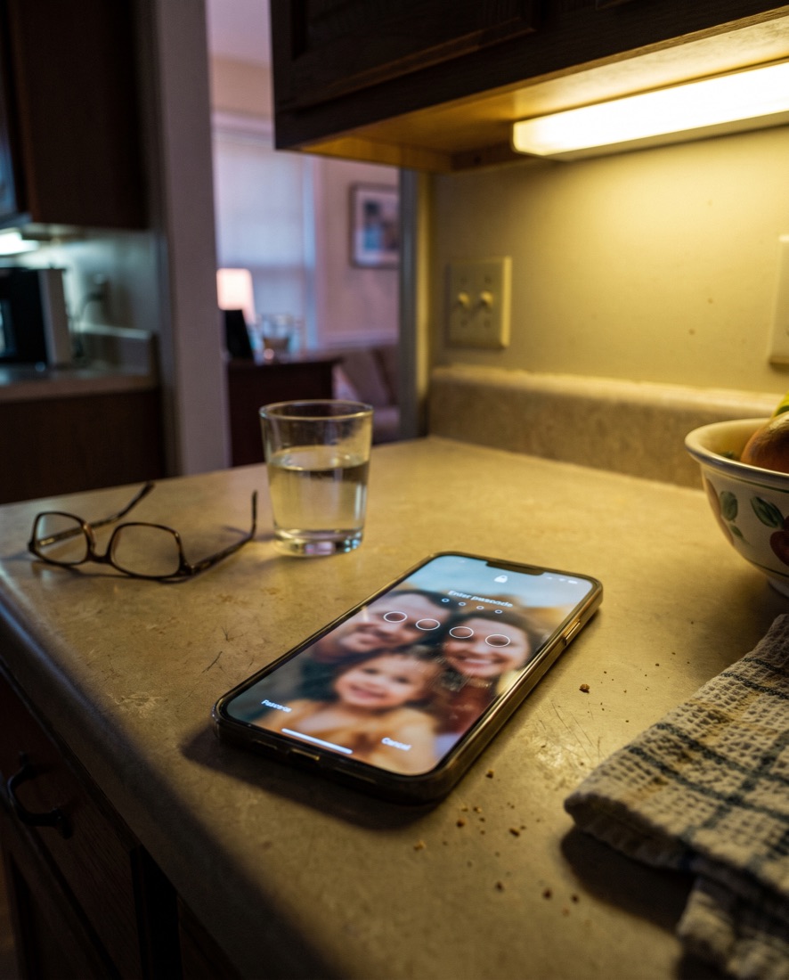 A locked phone on a kitchen table — the passcode screen no one can get past